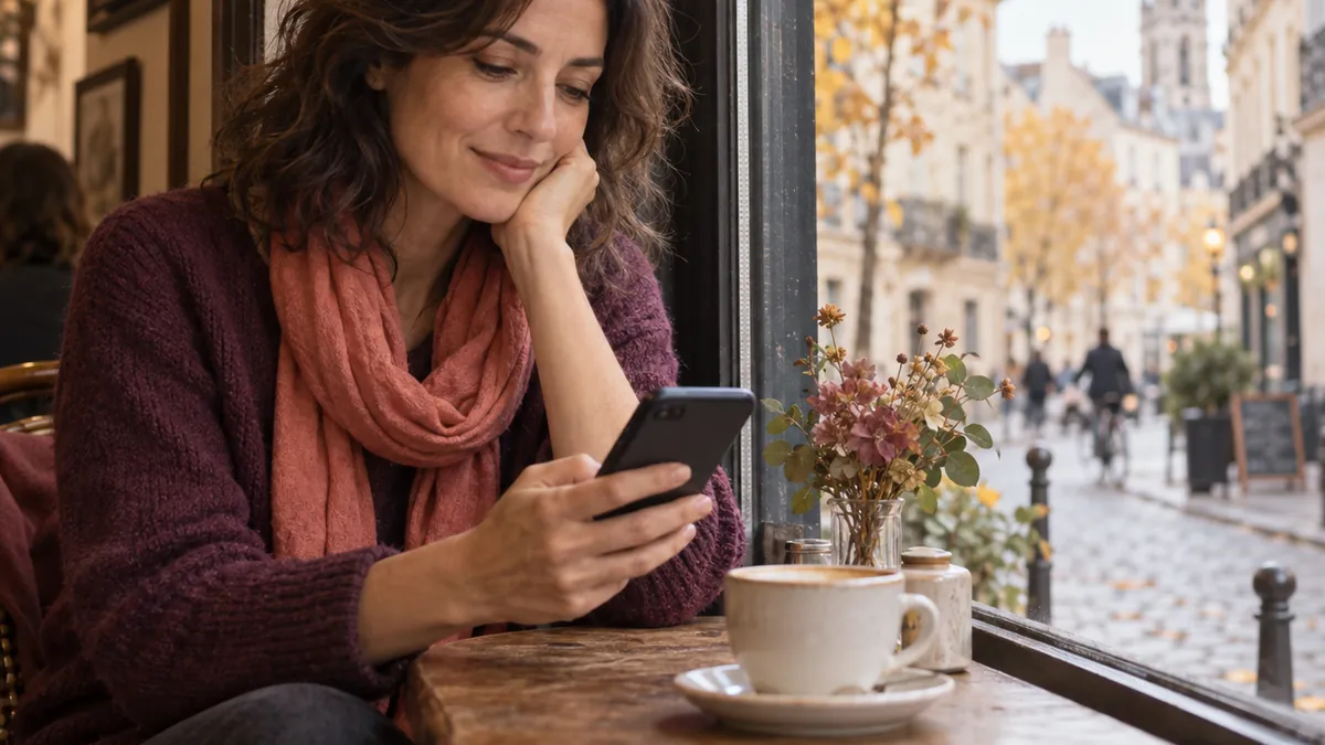 Une femme sourit en regardant son smartphone, assise près de la vitre d’un café en automne