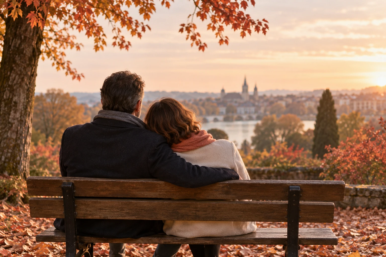 Couple assis sur un banc, bras autour, regardant la ville au coucher de soleil