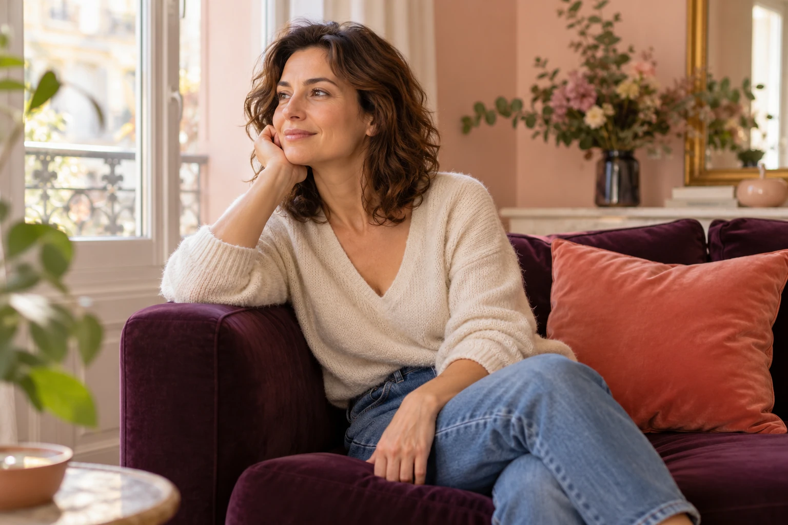 Femme souriante assise sur un canapé violet, regard pensif vers la fenêtre, lumière naturelle