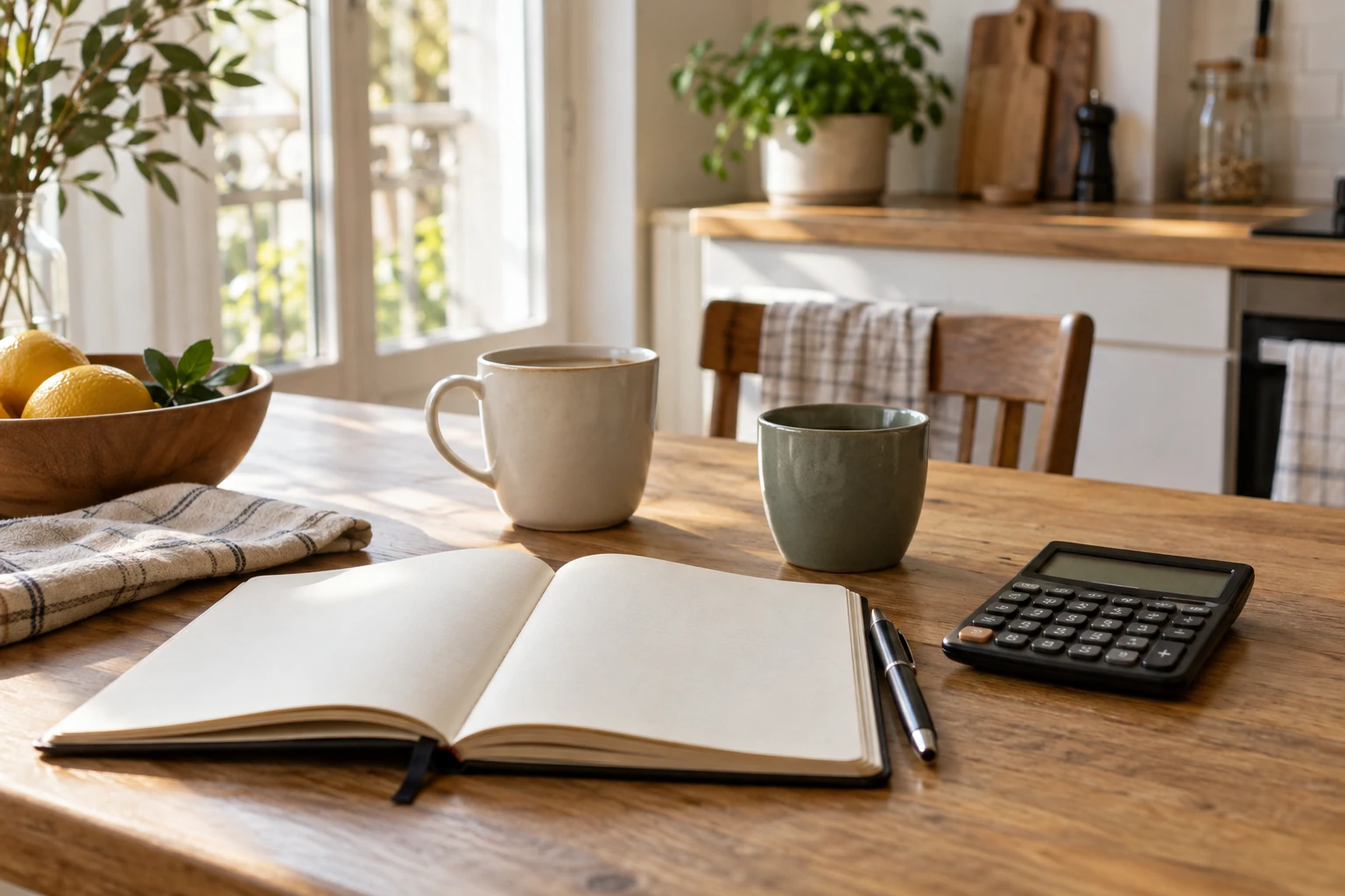 Carnet ouvert, stylo, calculatrice et deux tasses sur table de cuisine ensoleillée