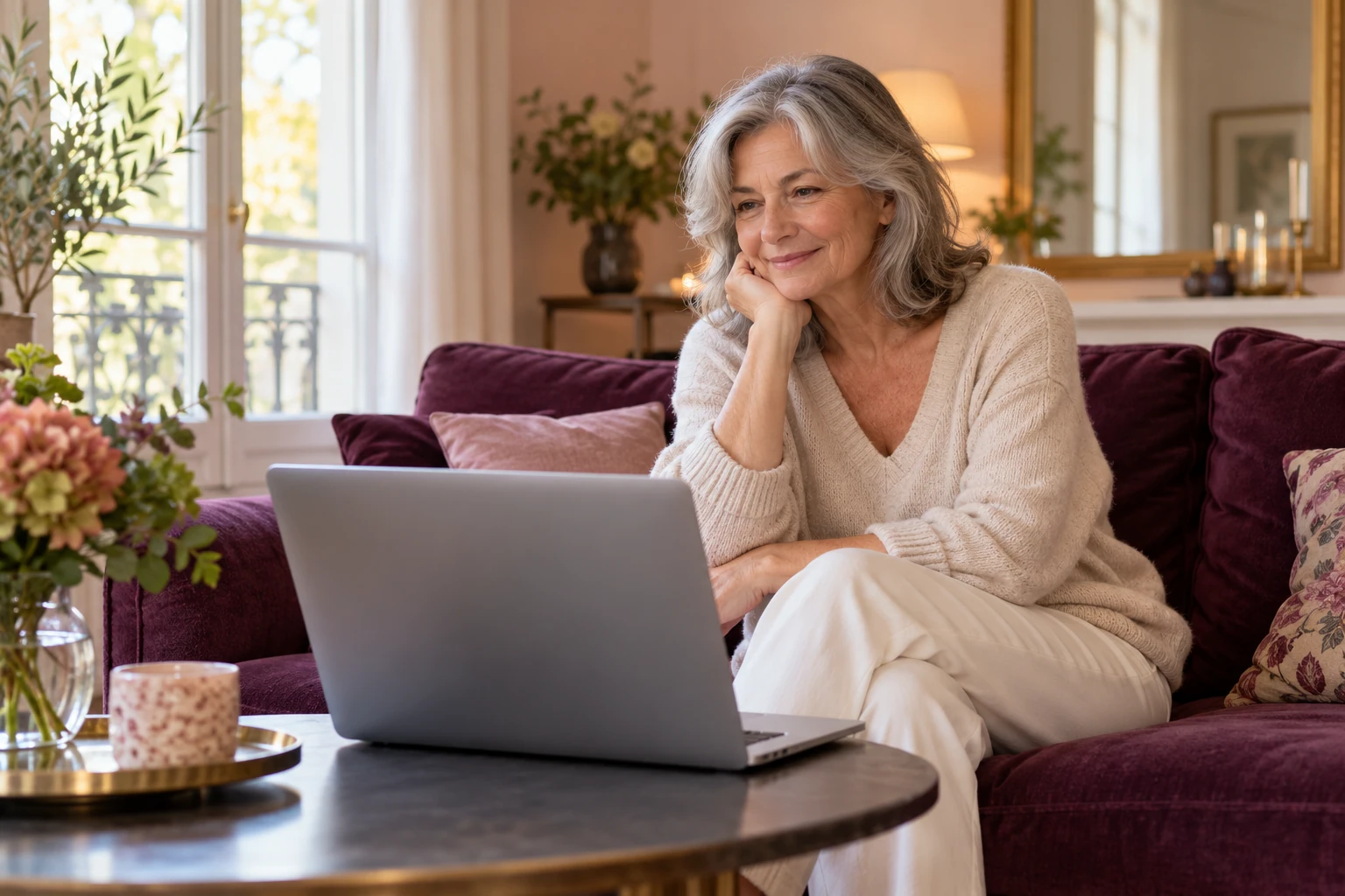 Femme senior souriante assise sur un canapé regardant un ordinateur portable dans un salon lumineux