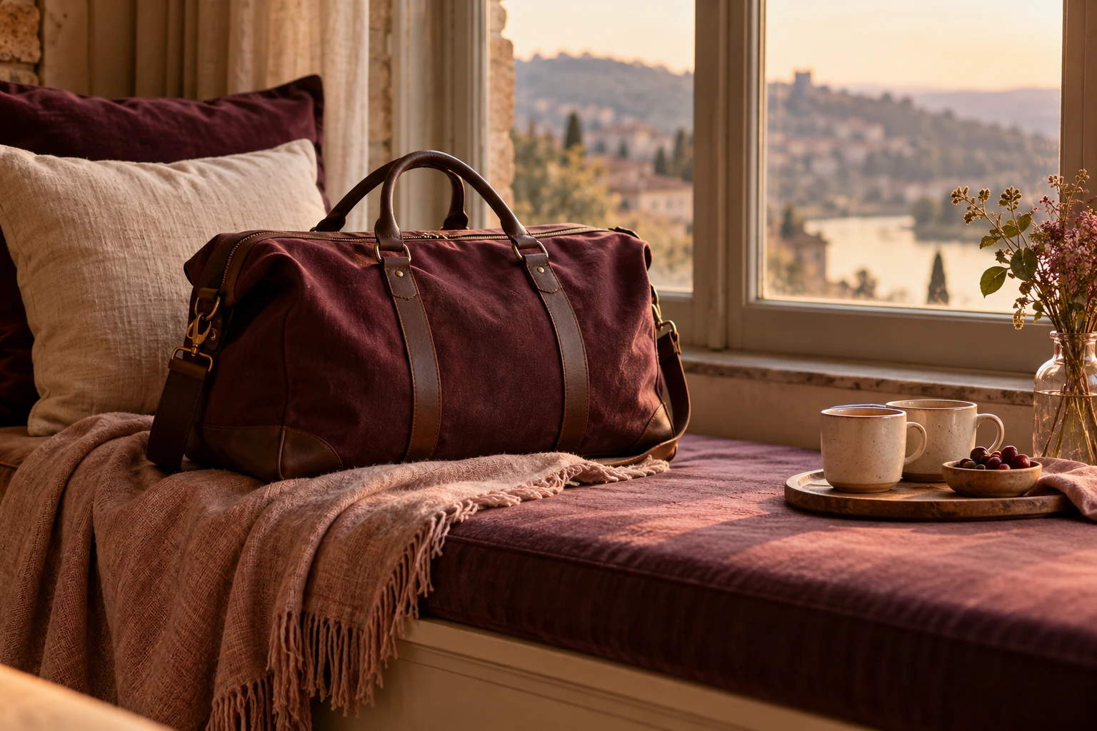 Sac de voyage en toile bordeaux posé sur banquette près de fenêtre avec tasses et plateau